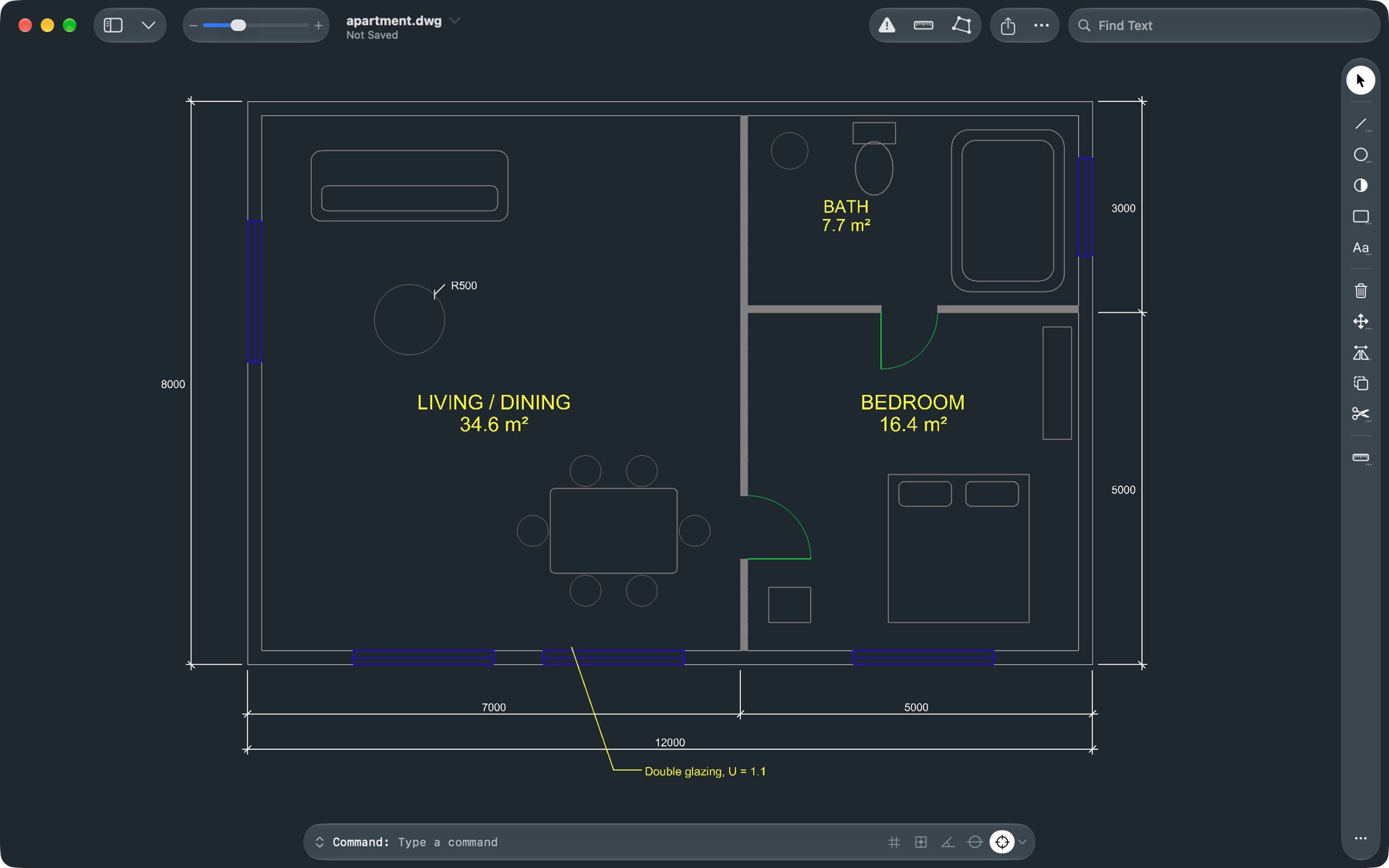 Cadenza on the Mac with an apartment floor plan open: walls, blue windows, green door swings, furniture, yellow room names with areas and white dimensions on a dark background, the command line at the bottom and the tool strip on the right